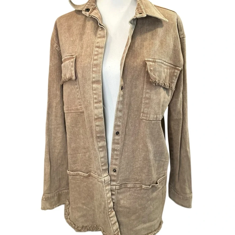 Umgee USA Tan Frayed Hem Shacket Button Front Boho Lagenlook jacket M
